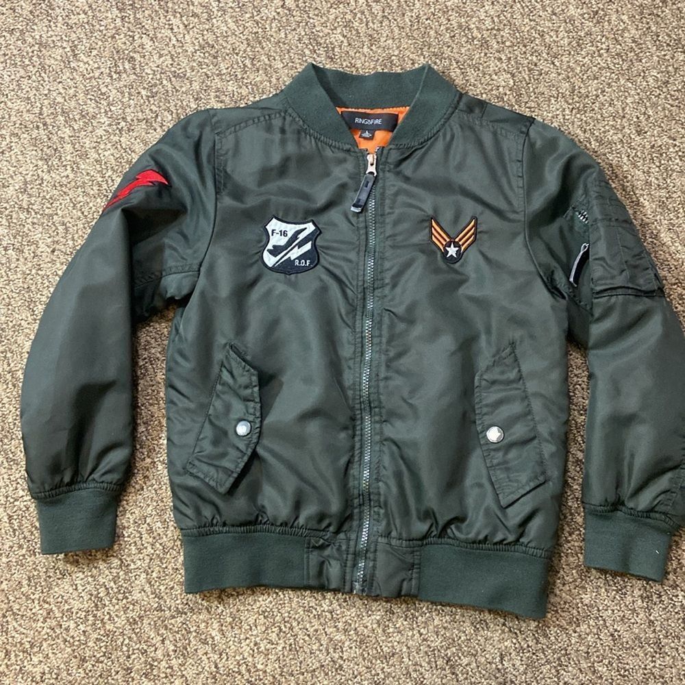 Ring of Fire Boys' Olive Green Bomber Jacket with Orange Patch